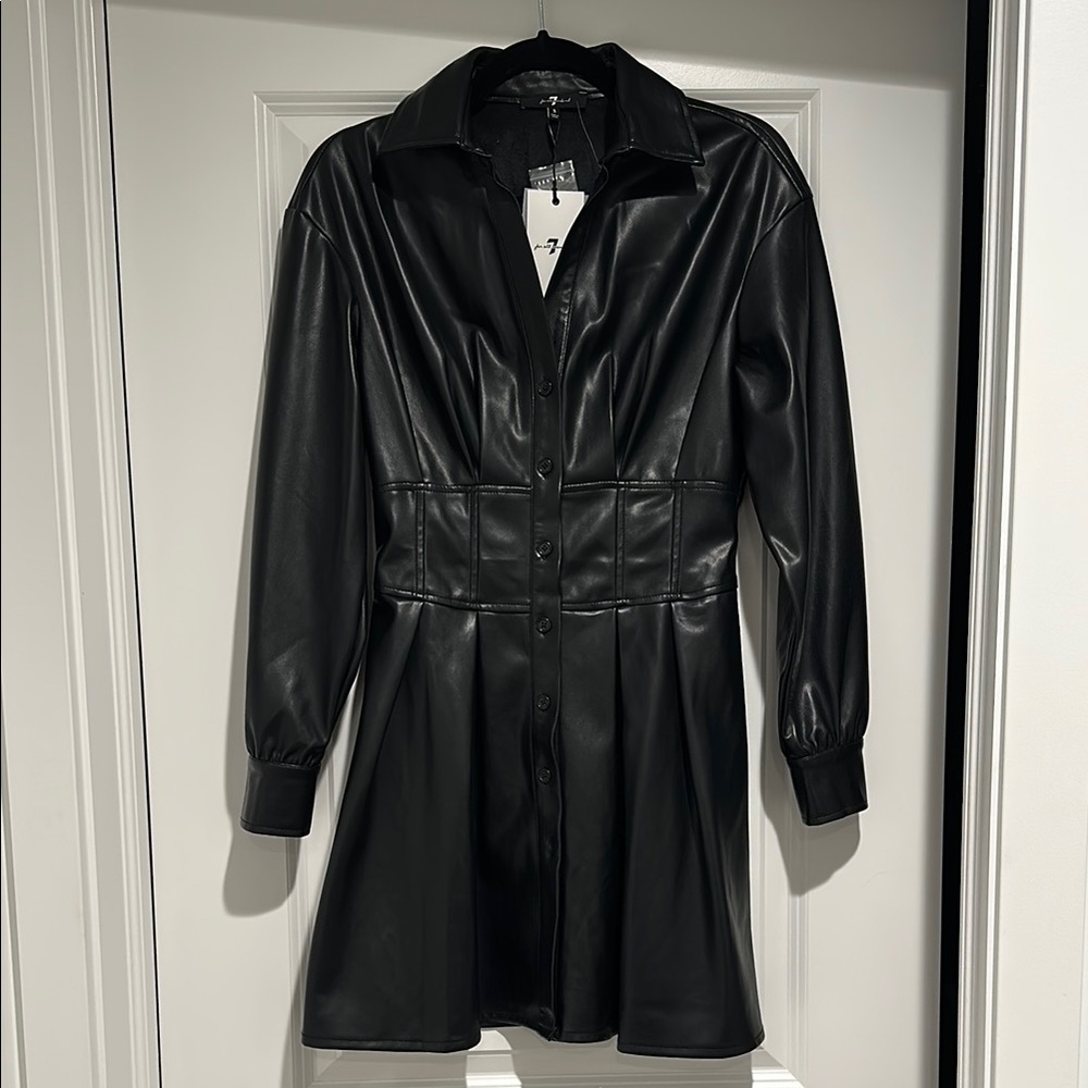 7 For All Mankind Black Leather Button Down Collar Long Sleeve Dress Small NWT
